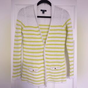 Lands' End S 6/8 White with Yellow Stripes 2 Pocket Light Weight Cardigan